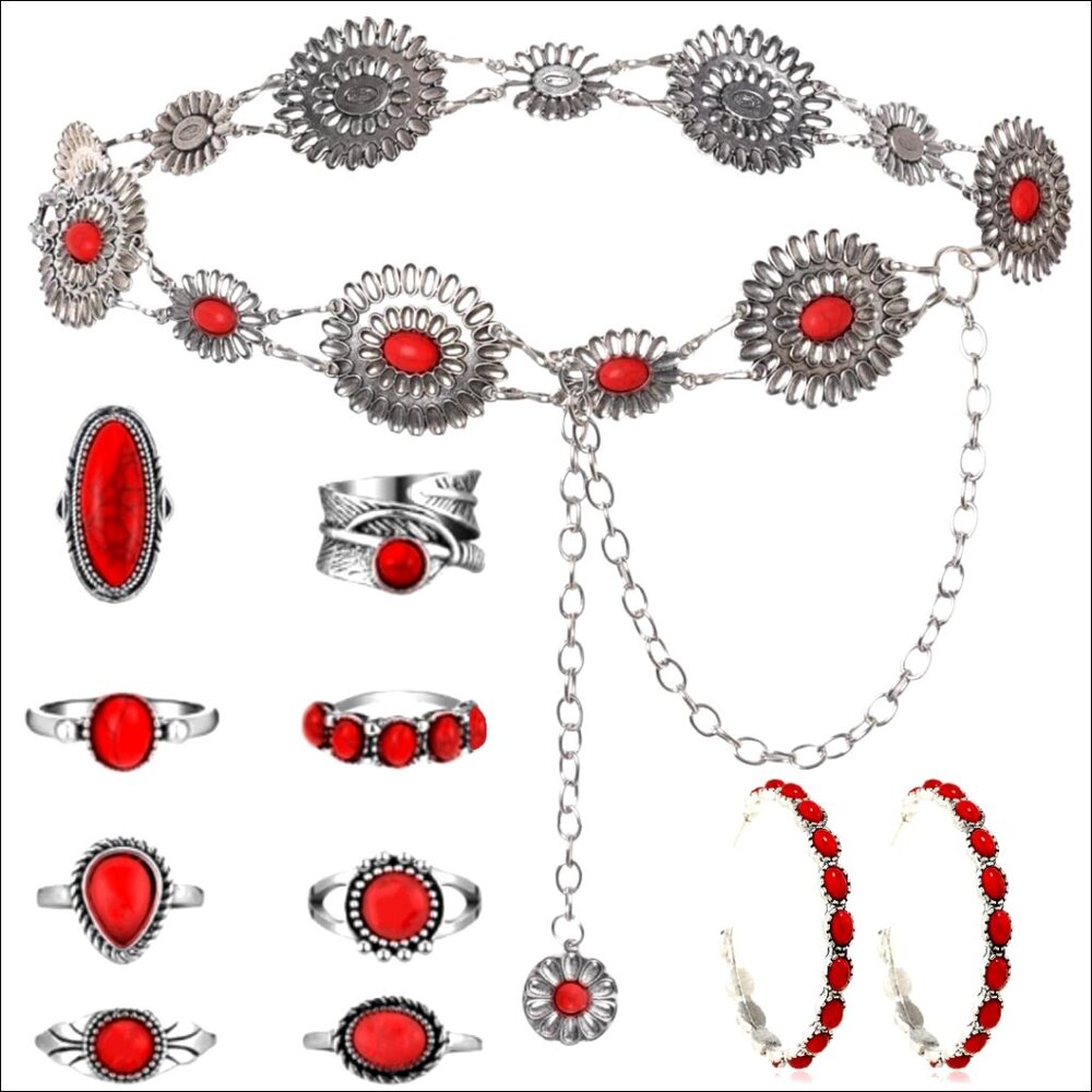 10-Piece Western Jewelry Set Stainless Steel Belt Rings Earrings
